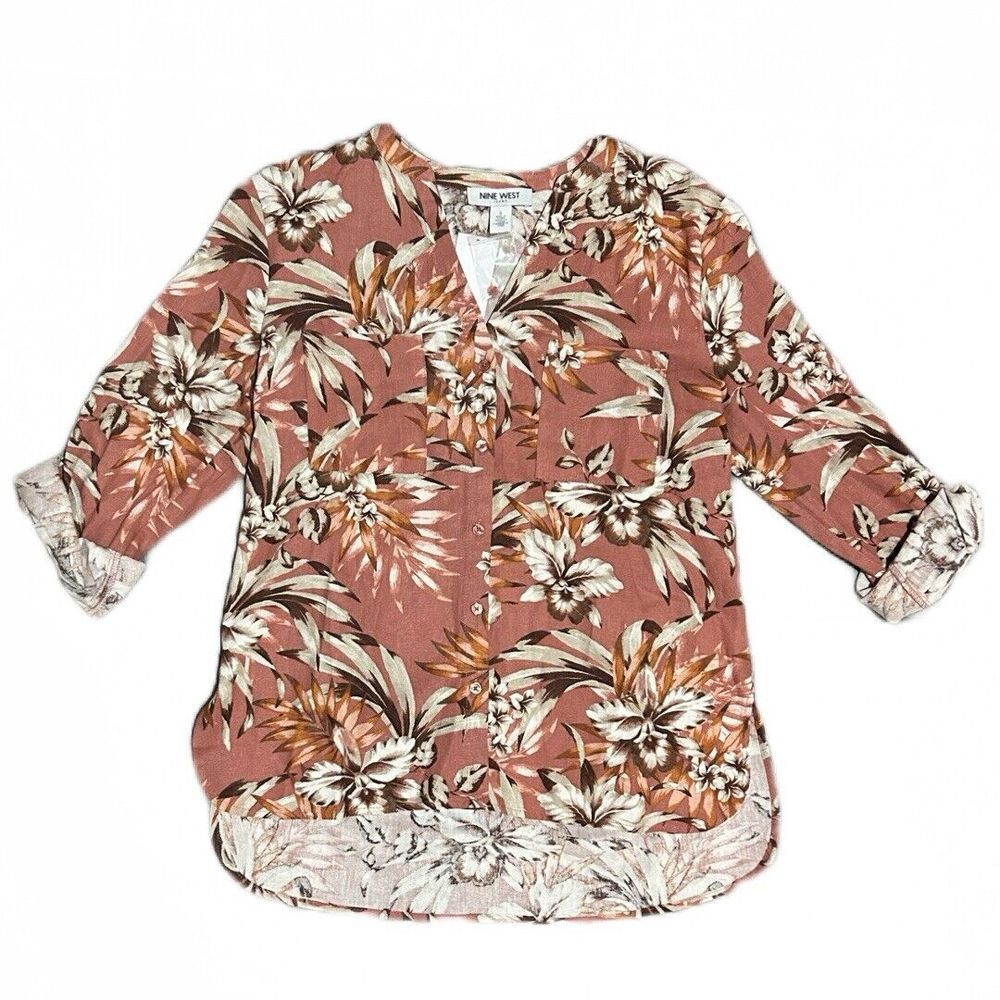 Nine‎ West Cammie Linen Women's Shirt Light Mahogany Roll Sleeve Button Down S